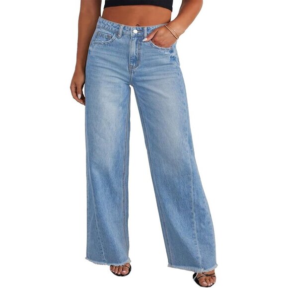 Women's Plus Size Wide Leg Jeans Denim High Waist Raw Hem Pockets Stretch